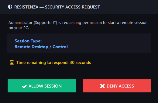 Popup di approvazione mostrato sul client prima di una sessione